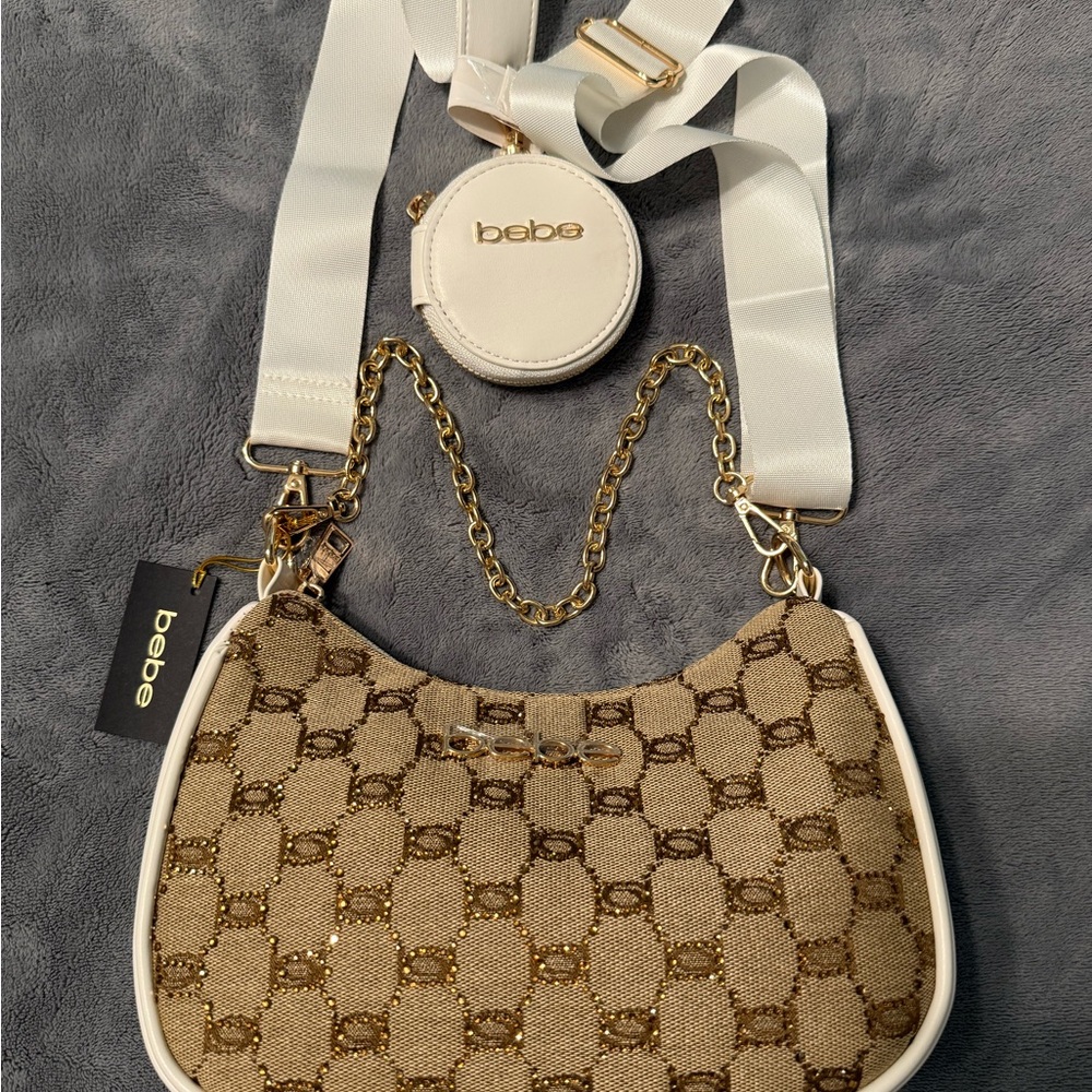 Bebe Beige and Cream Shoulder Bag with Gold Accents